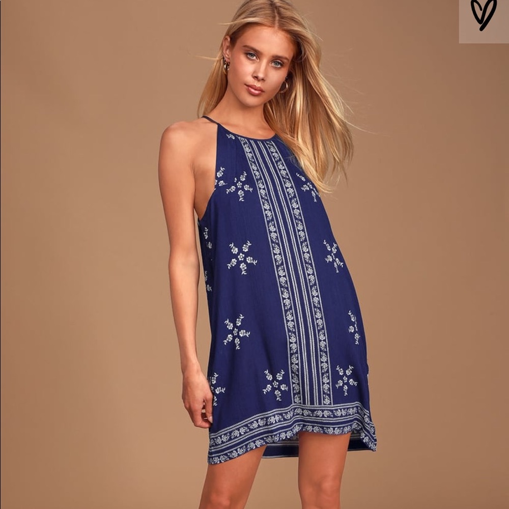 NWT Lulus Navy Blue Print Halter Dress Large